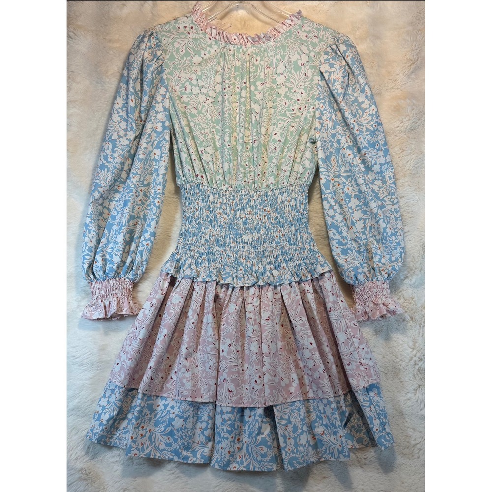 Stellah Tiered Floral Smocked Waist Mini Dress Pastel Blue Pink Mint Green Small